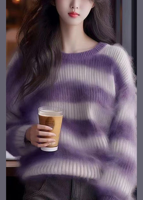 Purple O Neck Striped Cozy Knit Sweater Spring