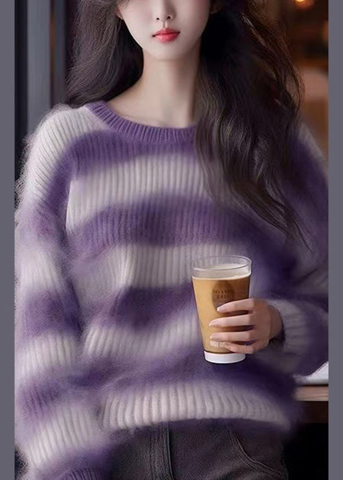 Purple O Neck Striped Cozy Knit Sweater Spring