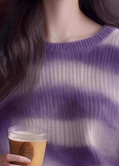 Purple O Neck Striped Cozy Knit Sweater Spring