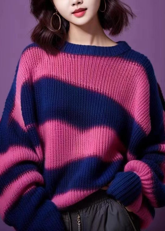 Purple O Neck Thick Patchwork Knit Sweater Spring