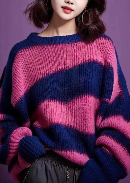 Purple O Neck Thick Patchwork Knit Sweater Spring