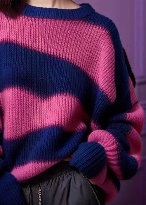 Purple O Neck Thick Patchwork Knit Sweater Spring