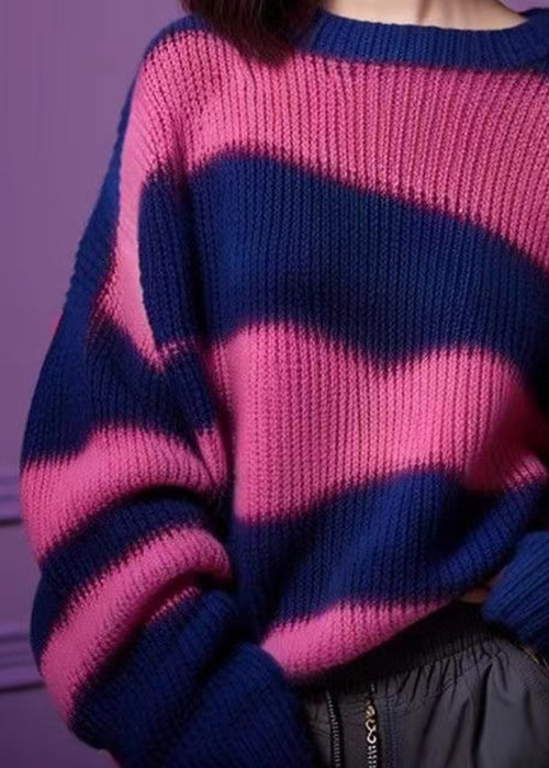 Purple O Neck Thick Patchwork Knit Sweater Spring