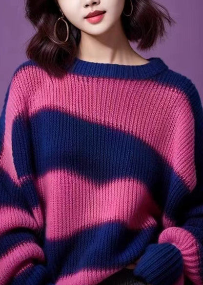 Purple O Neck Thick Patchwork Knit Sweater Spring