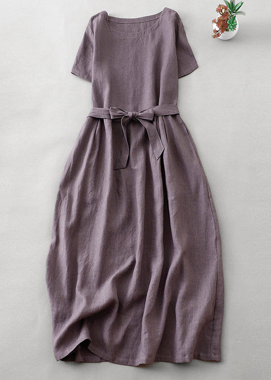 Purple O Neck Tie Waist Pockets Linen Long Dress Summer