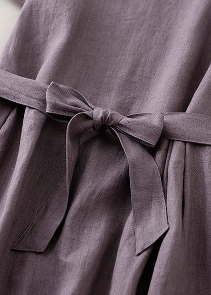Purple O Neck Tie Waist Pockets Linen Long Dress Summer