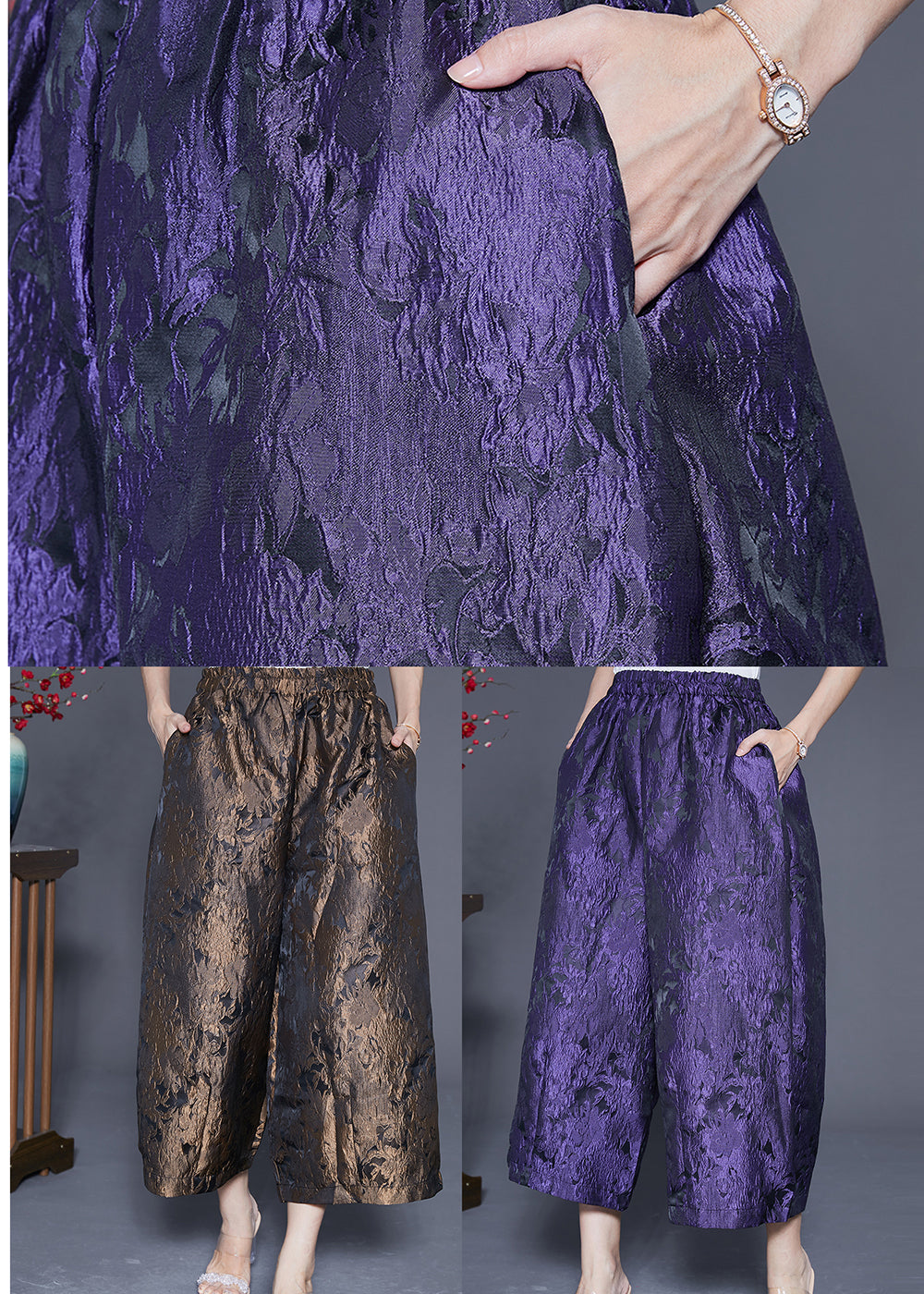 Purple Oversized Jacquard Silk Wide Leg Pants Summer