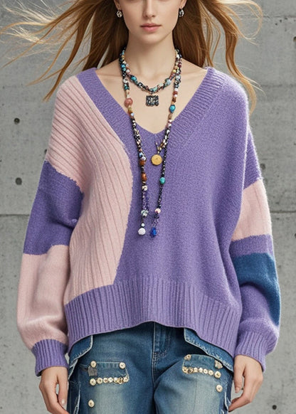 Purple Oversized Patchwork Knit Sweaters Fall