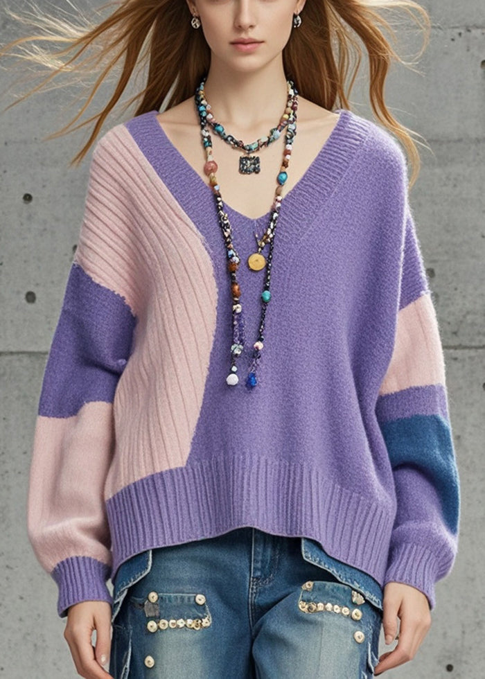 Purple Oversized Patchwork Knit Sweaters Fall