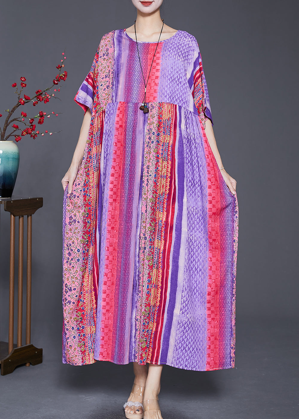 Purple Oversized Striped Cotton Maxi Dresses Summer
