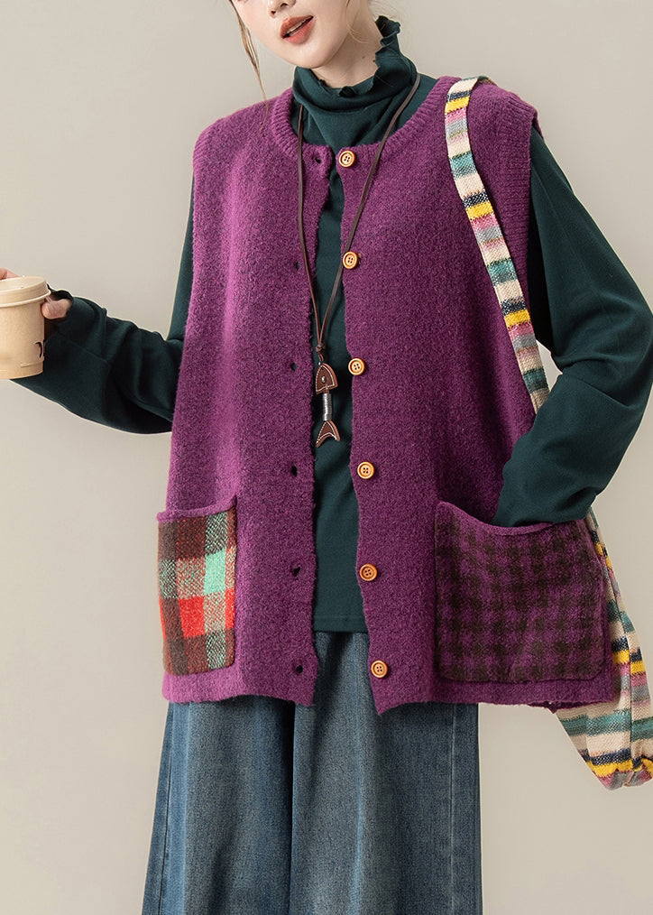 Purple Patchwork Button Cozy Cotton Knit Waistcoat Winter