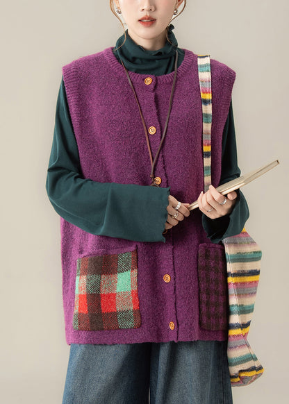 Purple Patchwork Button Cozy Cotton Knit Waistcoat Winter