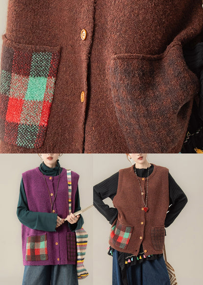 Purple Patchwork Button Cozy Cotton Knit Waistcoat Winter