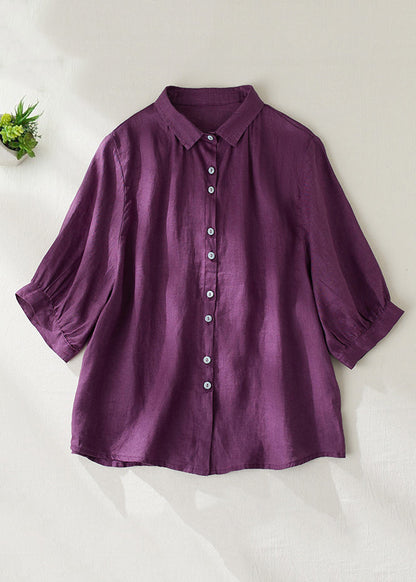 Purple Peter Pan Collar Button Linen Blouse Summer