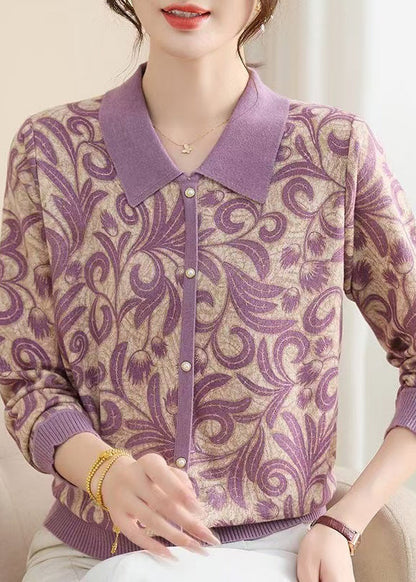Purple Peter Pan Collar Print Knit Sweaters Spring