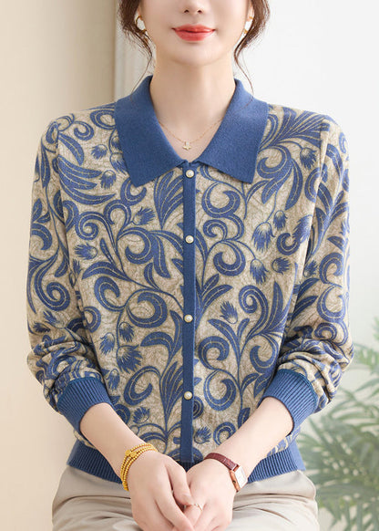 Purple Peter Pan Collar Print Knit Sweaters Spring