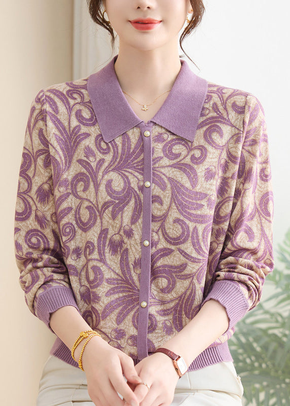 Purple Peter Pan Collar Print Knit Sweaters Spring