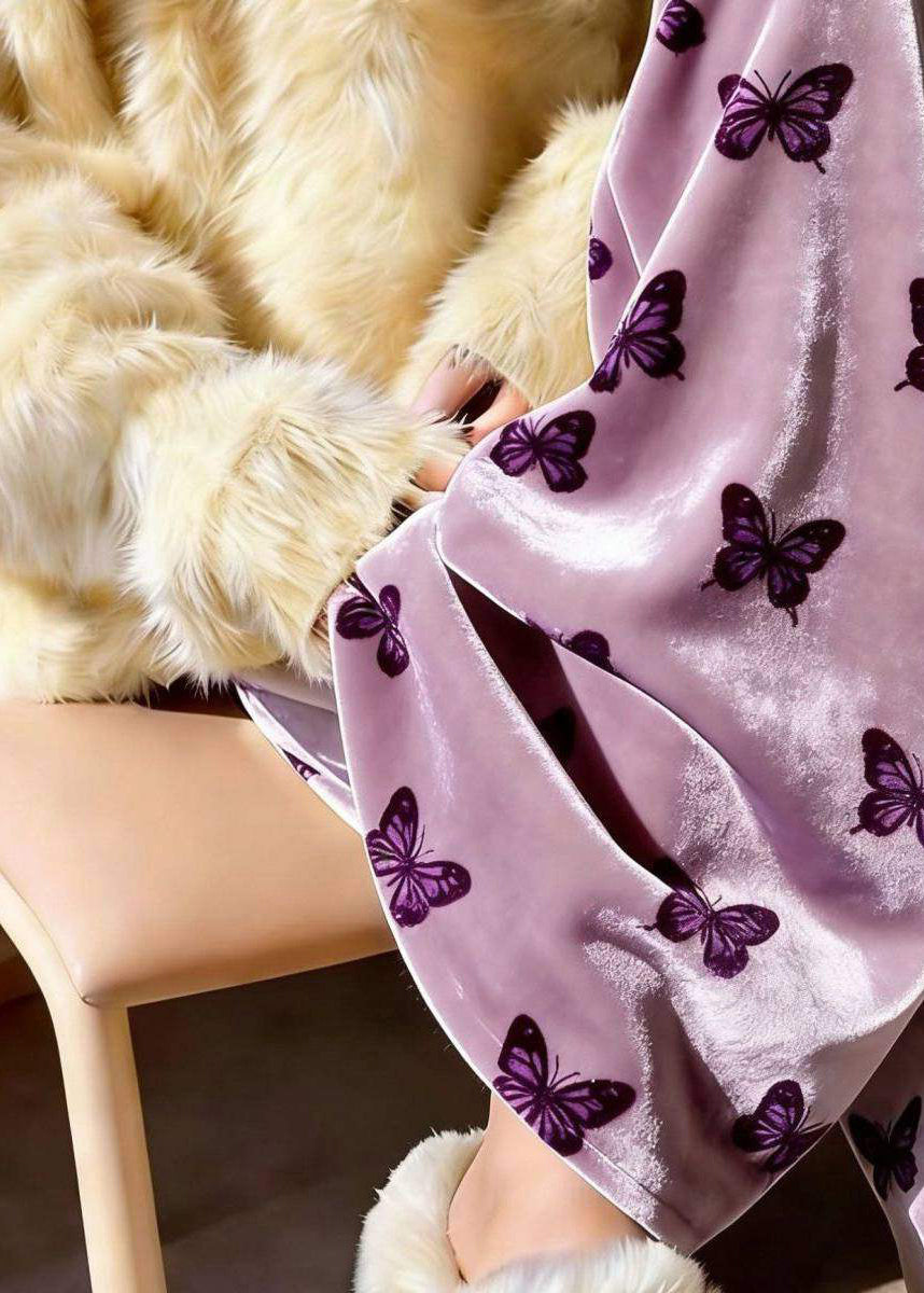 Purple Print Draping Silk Velvet Wide Leg Pants