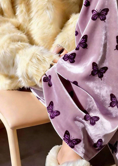 Purple Print Draping Silk Velvet Wide Leg Pants