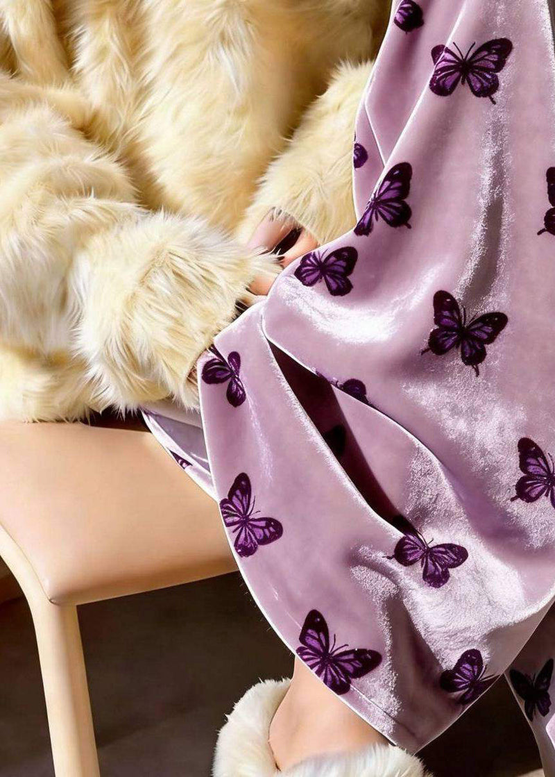 Purple Print Draping Silk Velvet Wide Leg Pants