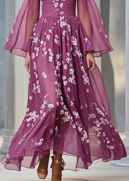 Purple Print Silm Fit Chiffon Cami Dresses Flare Sleeve