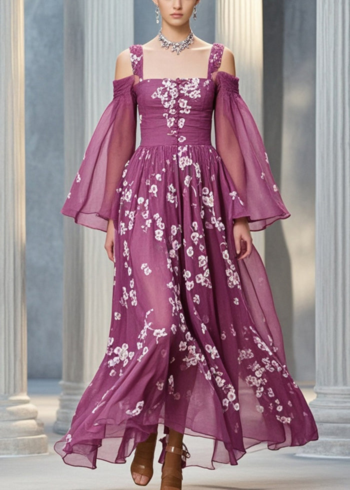 Purple Print Silm Fit Chiffon Cami Dresses Flare Sleeve