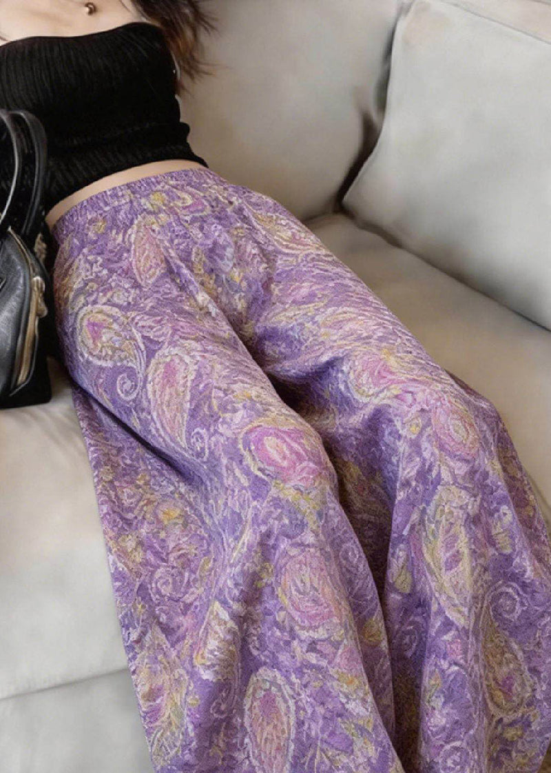Purple Print Wide Leg Pants Summer