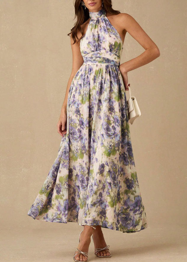 Purple Print Wrinkled Chiffon Long Dress Sleeveless