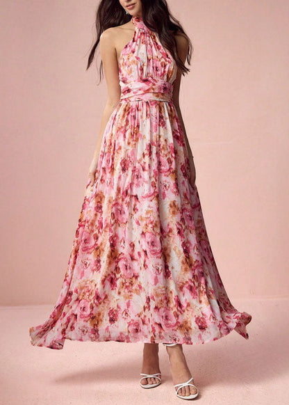 Purple Print Wrinkled Chiffon Long Dress Sleeveless