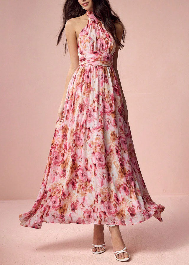 Purple Print Wrinkled Chiffon Long Dress Sleeveless