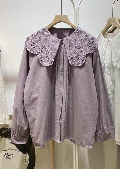 Purple Ruffled Hollow Out Cotton Blouse Tops Spring
