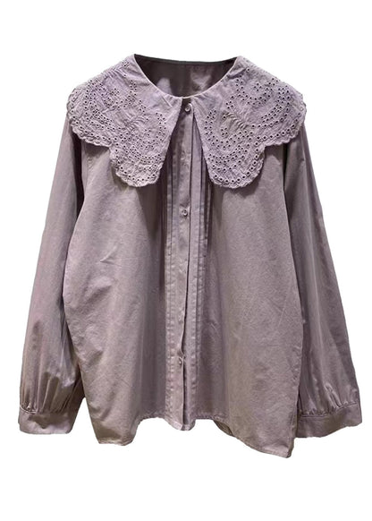 Purple Ruffled Hollow Out Cotton Blouse Tops Spring