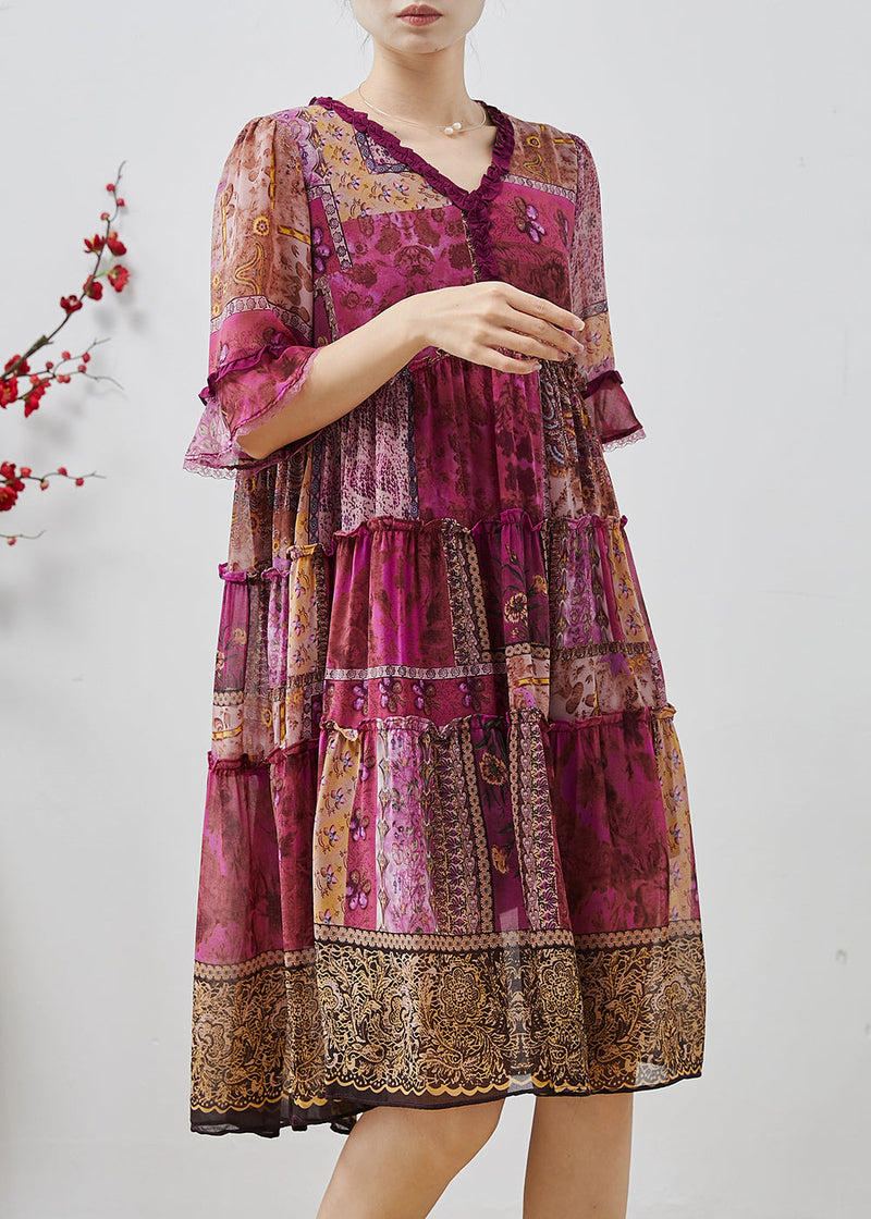 Purple Ruffled Print Chiffon Dresses Summer