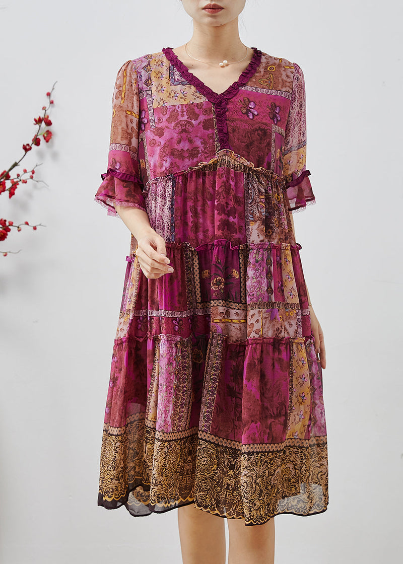 Purple Ruffled Print Chiffon Dresses Summer