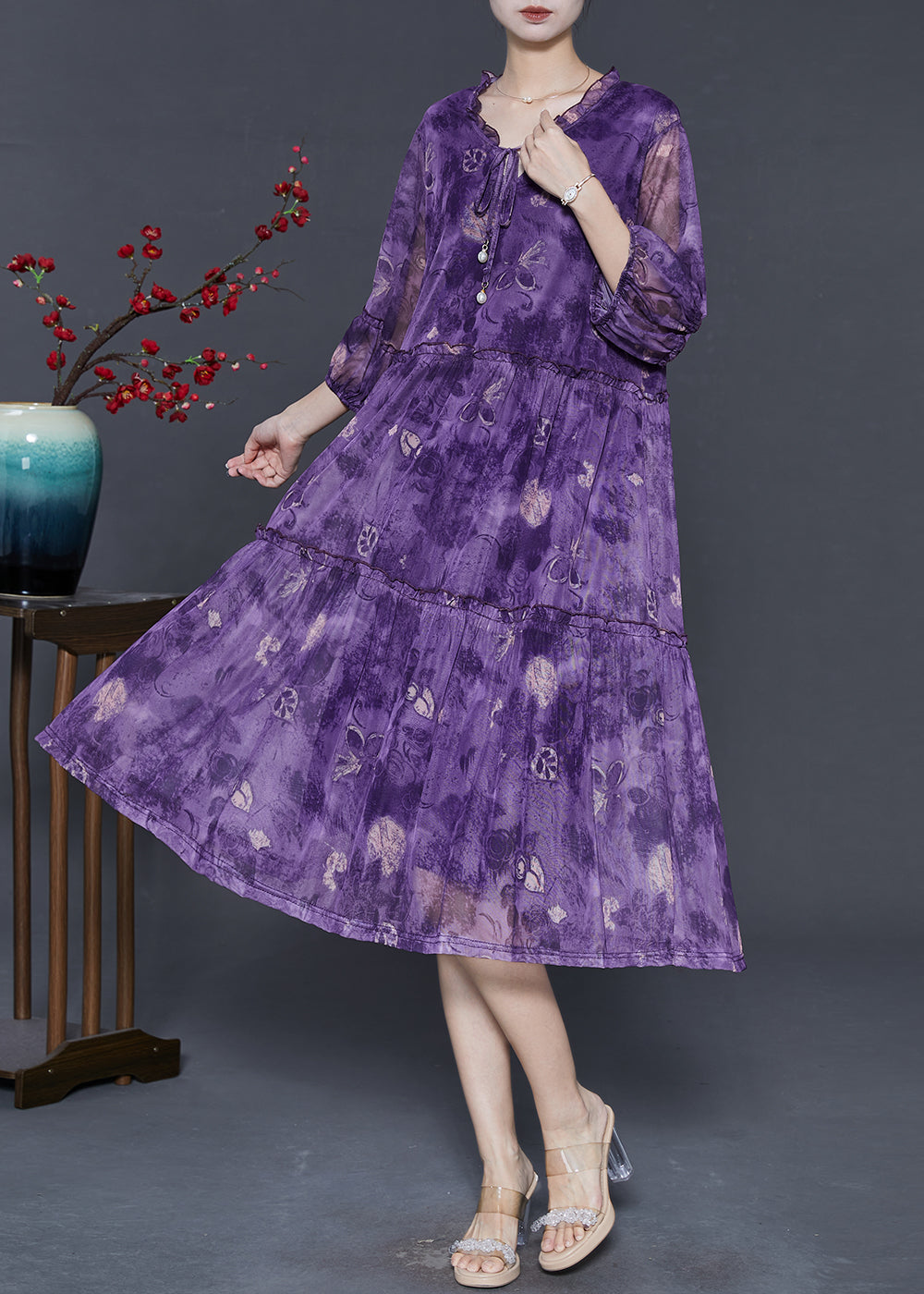 Purple Ruffled Print Chiffon Maxi Dress Summer