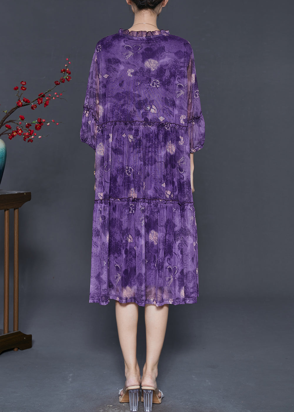 Purple Ruffled Print Chiffon Maxi Dress Summer