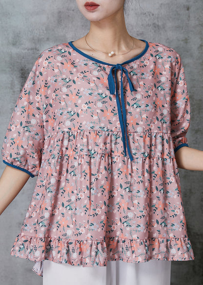 Purple Ruffled Print Cotton Blouses Summer