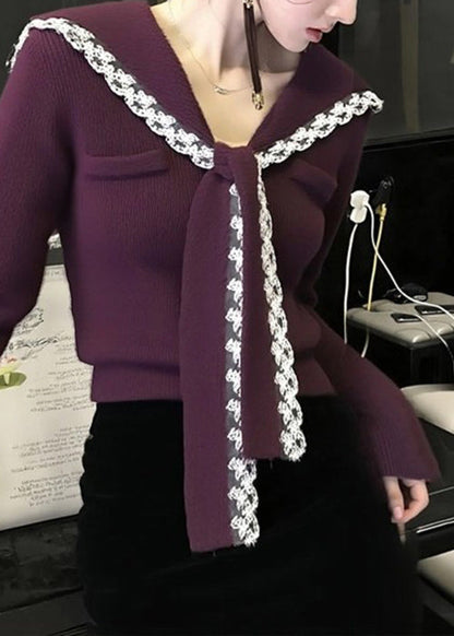 Purple Sailor Collar Lace Patchwork Knit Sweater Winter