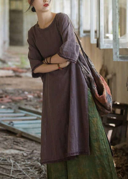 Purple Side Open Linen T Shirt Dresses Summer