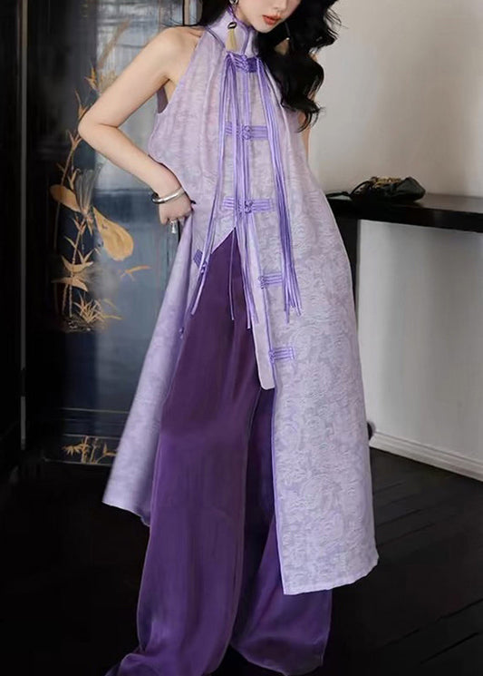 Purple Stand Collar Asymmetrical Button Tassel Maxi Dresses Summer