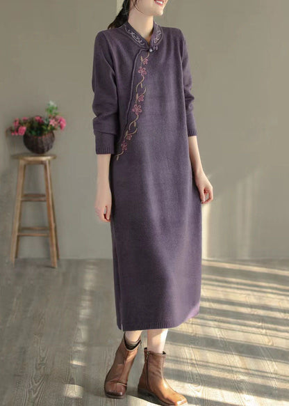 Purple Stand Collar Embroideried Knit Sweater Dress Winter
