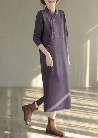 Purple Stand Collar Embroideried Knit Sweater Dress Winter