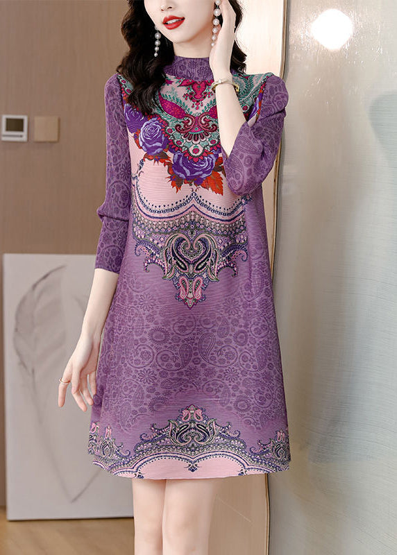 Purple Stand Collar Print Wrinkled Holiday Dress Bracelet Sleeve