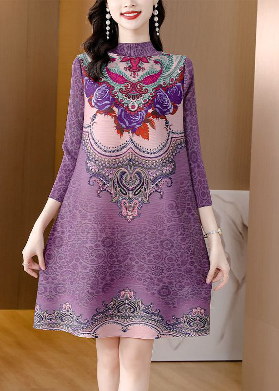 Purple Stand Collar Print Wrinkled Holiday Dress Bracelet Sleeve