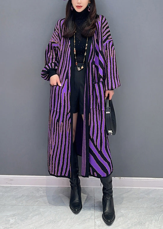 Purple Striped Pockets Patchwork Knit Long Cardigan Fall