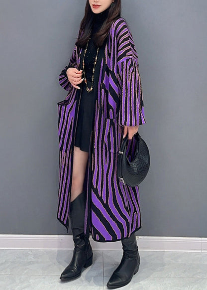 Purple Striped Pockets Patchwork Knit Long Cardigan Fall