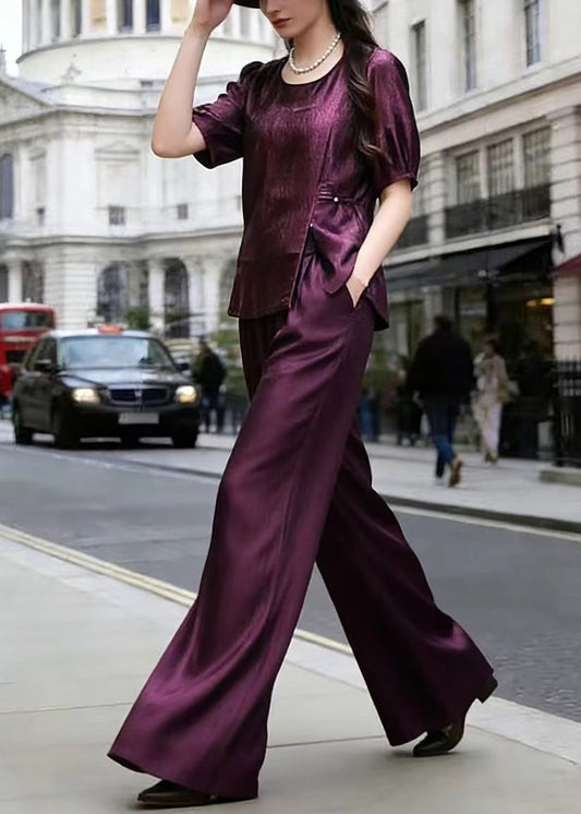 Purple Top and Wide Leg Pants Silk Two Piece Set Summer
