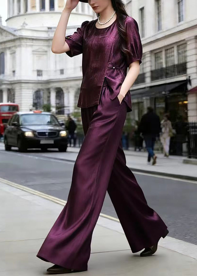 Purple Top and Wide Leg Pants Silk Two Piece Set Summer