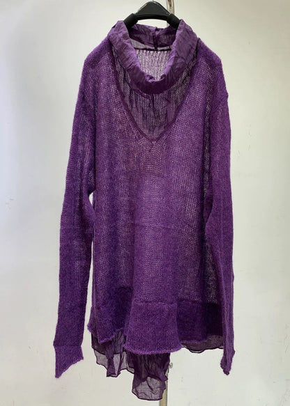 Purple Turtleneck Hollow Out Knit Sweaters Fall