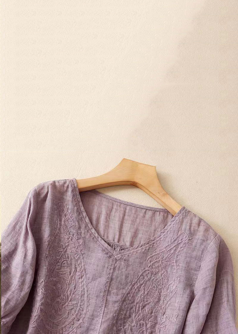 Purple V Neck Embroidered Linen T Shirt Summer